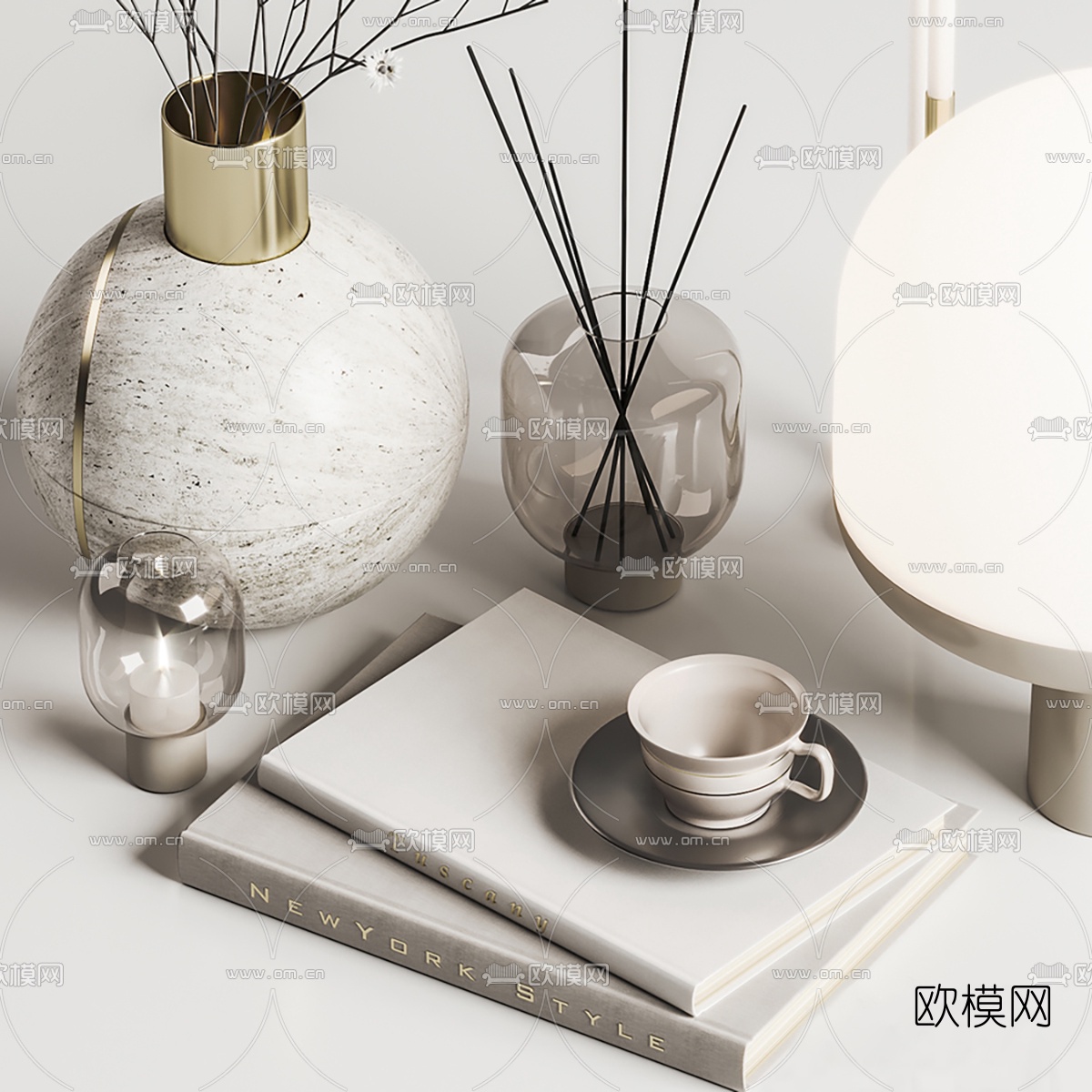 北欧花瓶蜡烛书籍摆件3d模型下载（渲染图2）