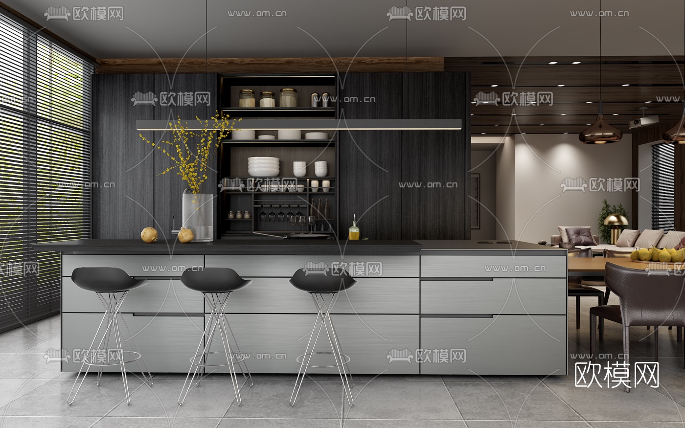 现代敞开式厨房餐厅3d模型