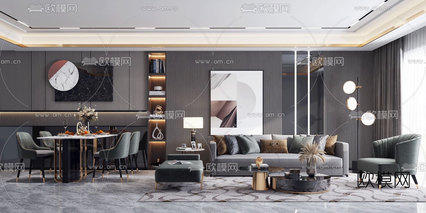 现代轻奢客厅餐厅3d模型下载（渲染图2）