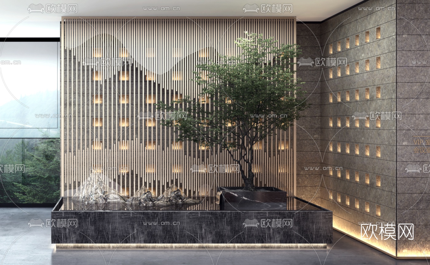 新中式假山景观树小品3d模型下载（渲染图2）