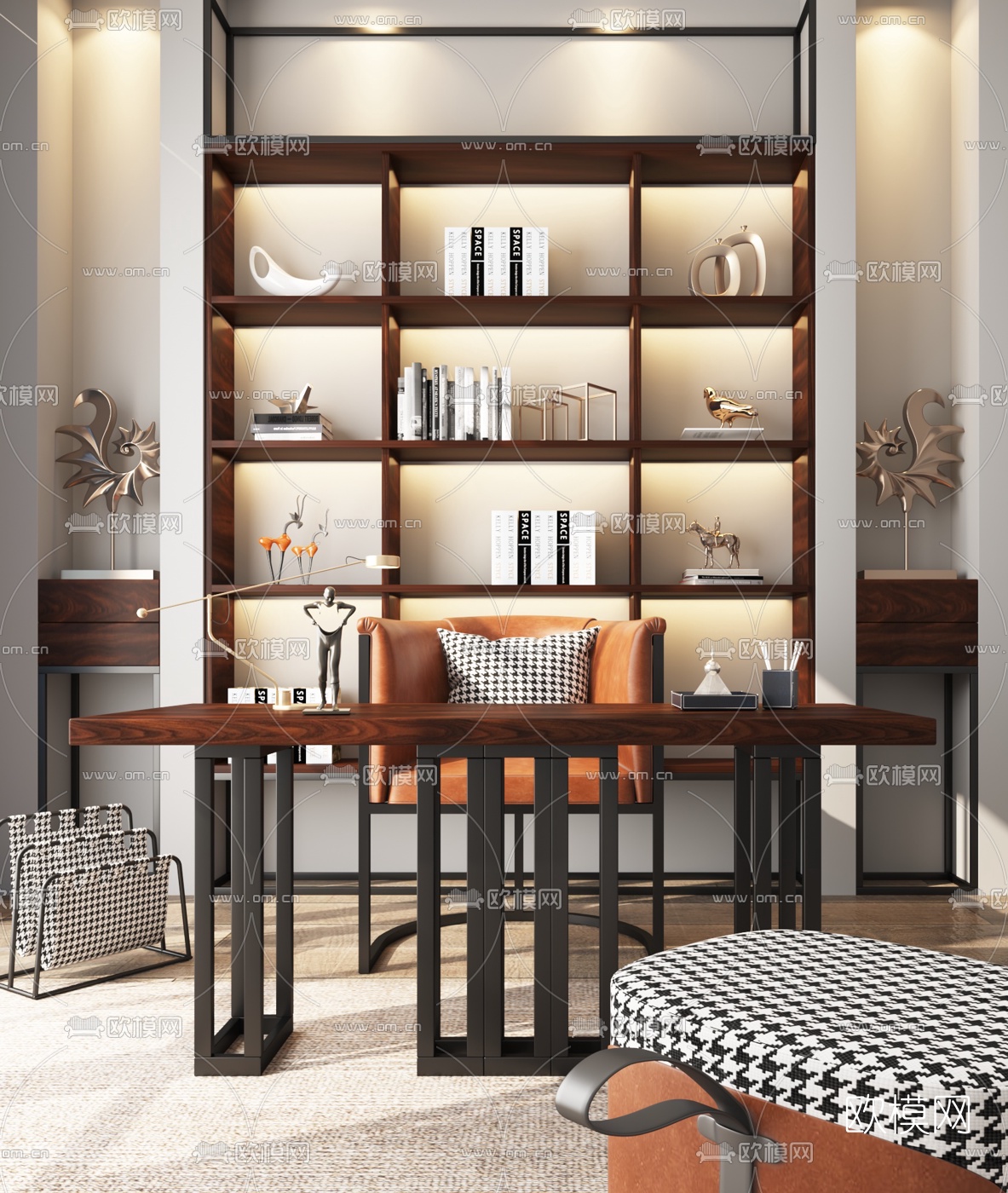 现代木质书桌椅书柜3d模型下载
