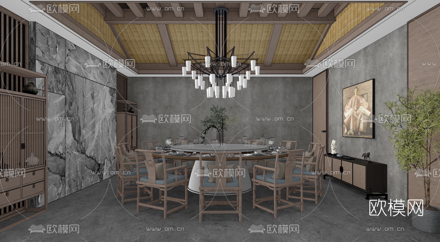 新中式餐饮包厢su模型下载（渲染图2）