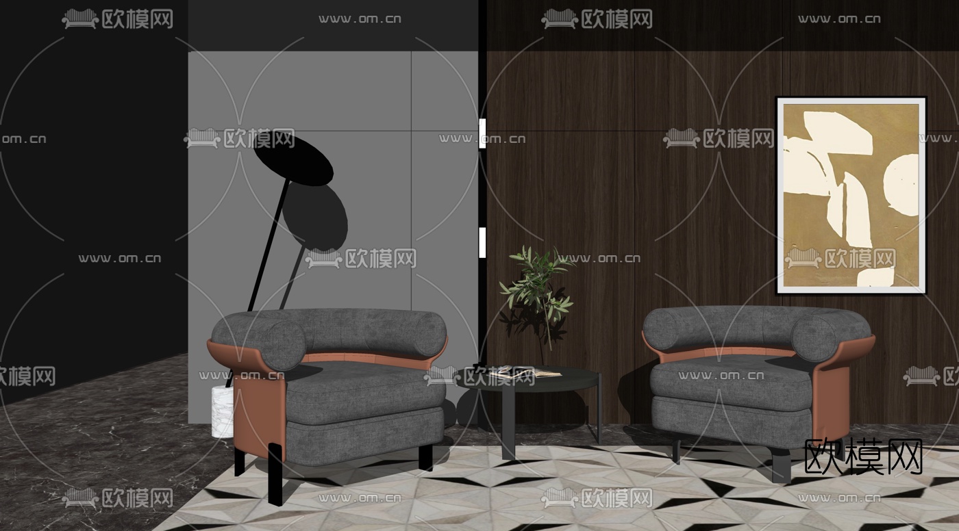 现代布艺休闲沙发su模型下载（渲染图2）