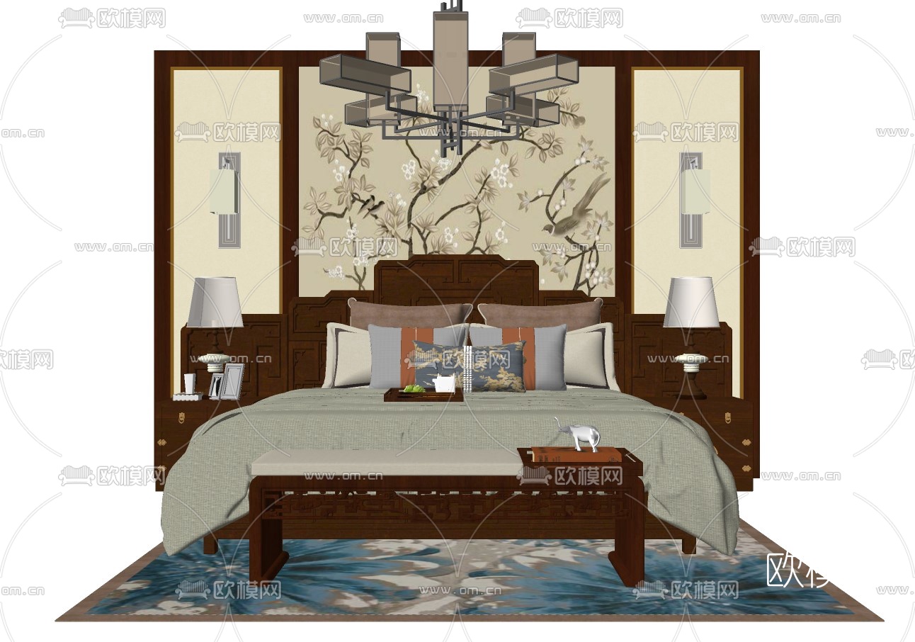 中式布艺双人床su模型下载
