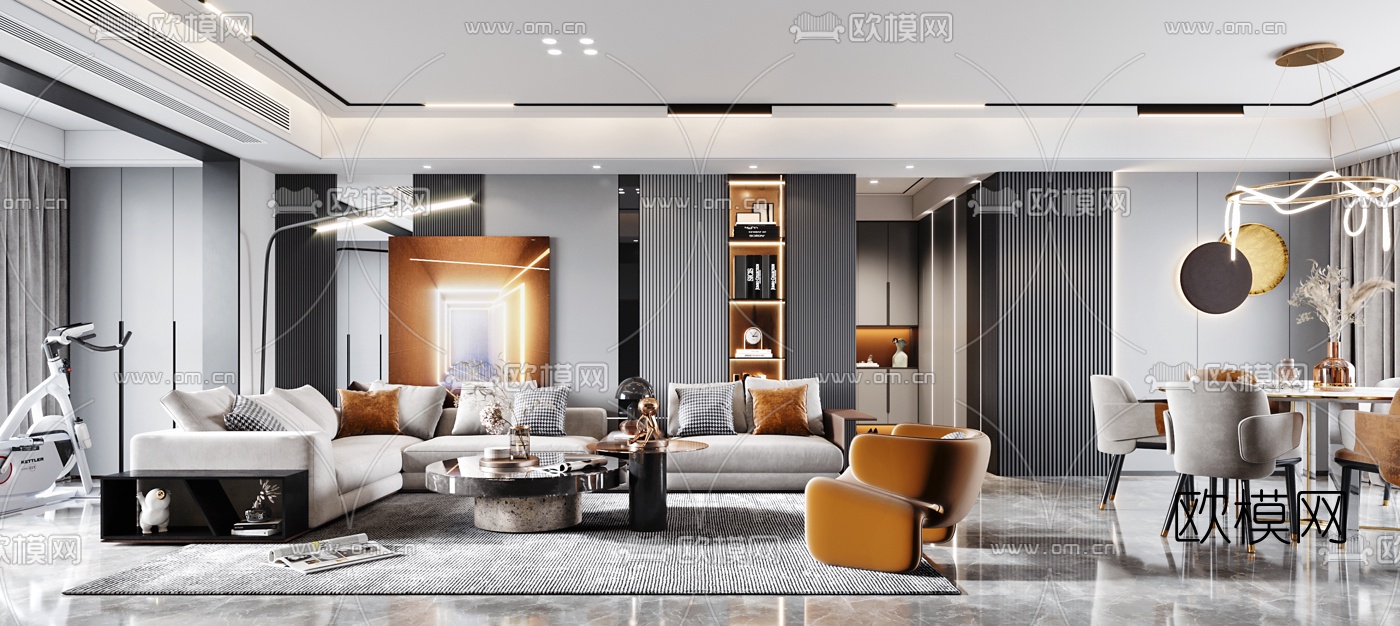 现代轻奢客厅餐厅3d模型
