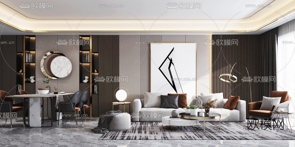 现代轻奢客厅餐厅3d模型下载(渲染图1)