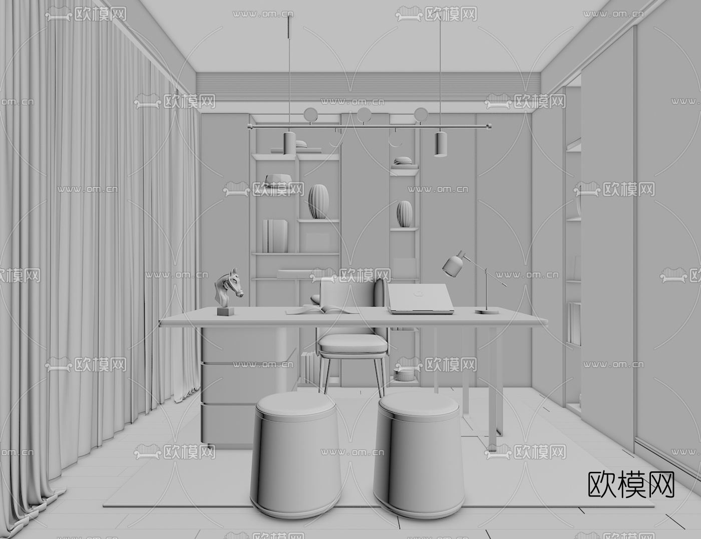 现代书房3d模型下载（渲染图2）