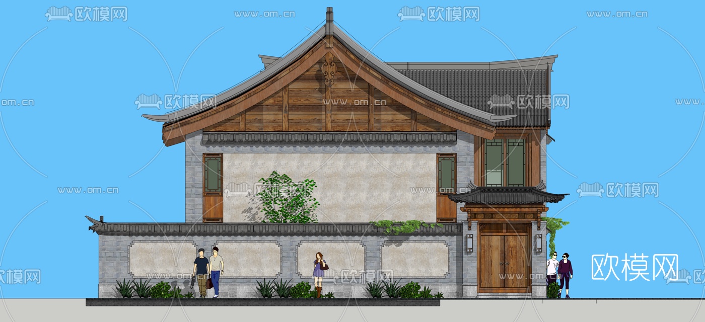 中式三开间院子su模型下载（渲染图1）