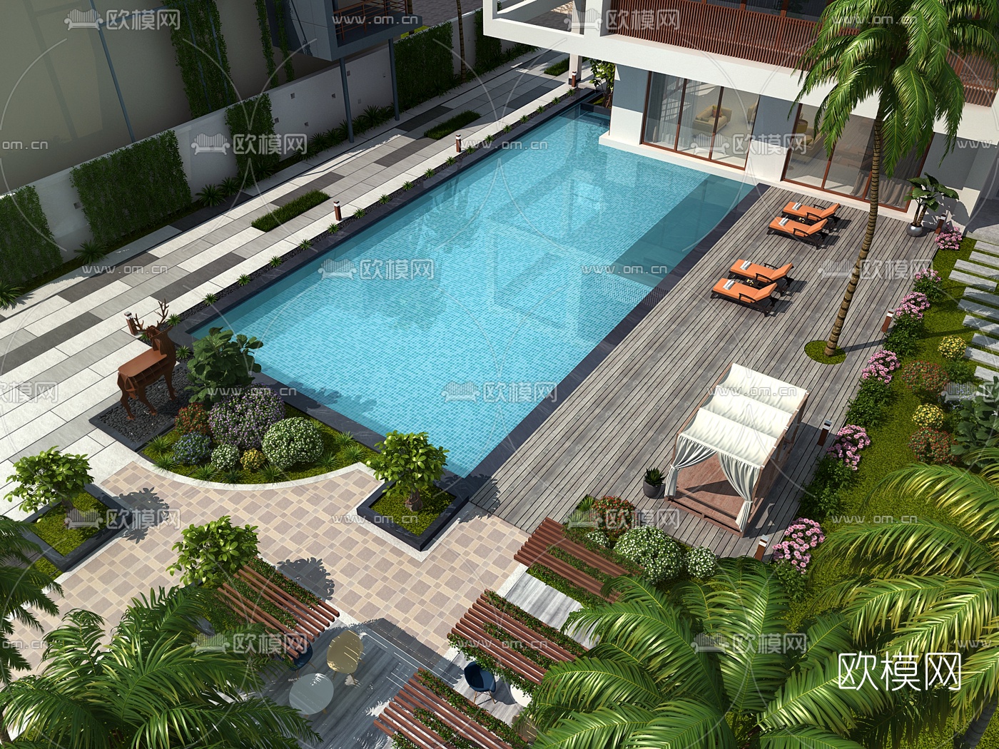 现代别墅泳池庭院3d模型下载