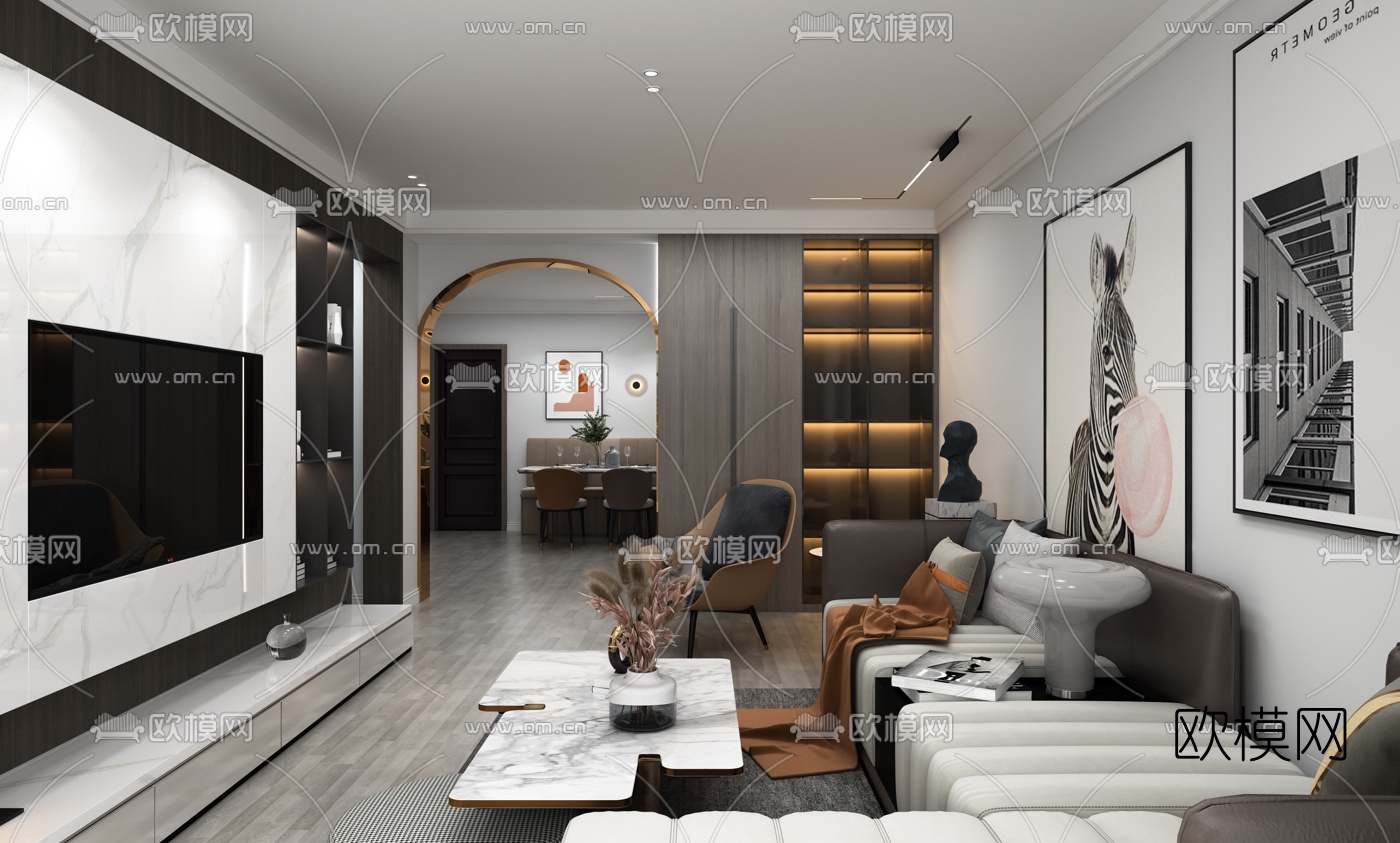 现代客厅餐厅免费3d模型下载（渲染图1）