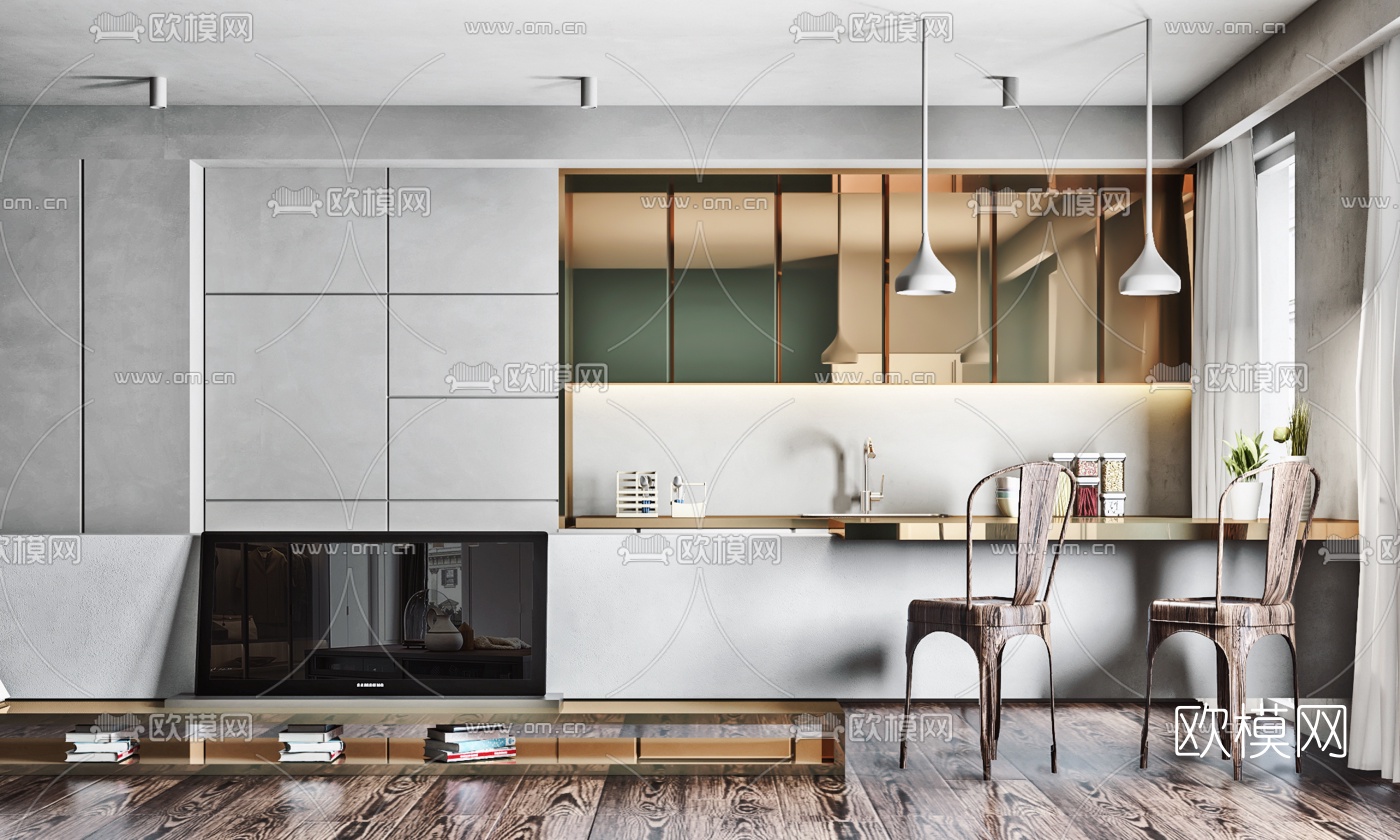 现代公寓开放式厨房3d模型下载