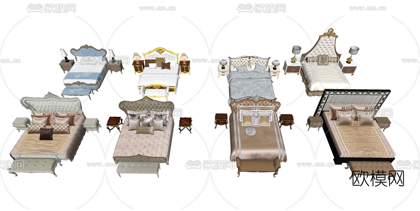 欧式布艺双人床su模型下载（渲染图1）