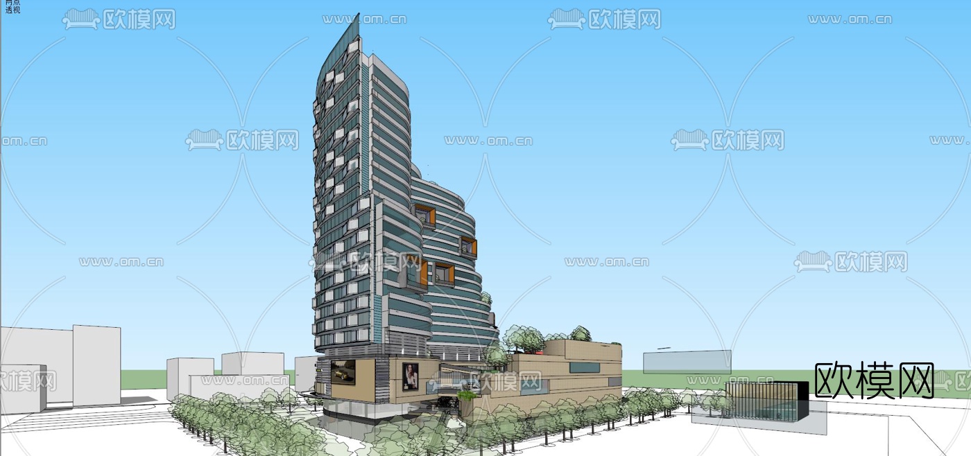 现代商业综合体su模型下载（渲染图2）