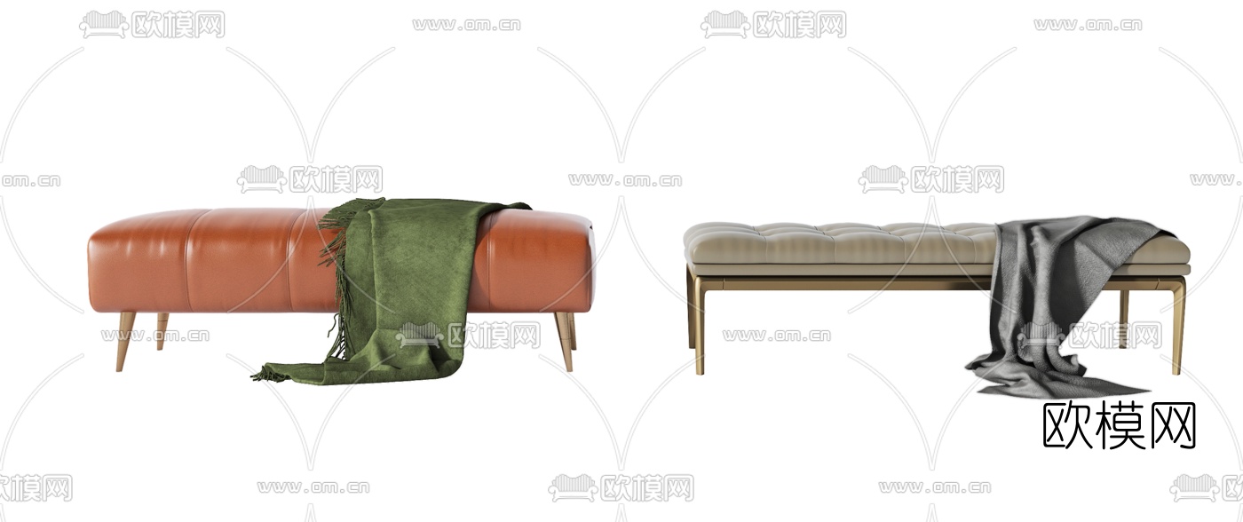 现代布艺床尾脚踏3d模型下载（渲染图2）