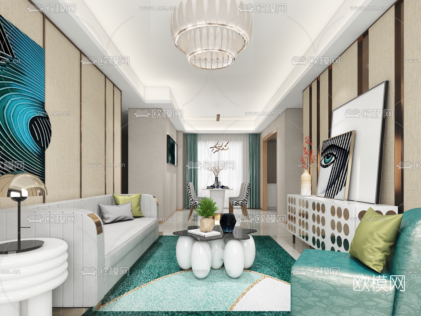 CIMA希玛设计 现代轻奢客厅餐厅3d模型下载（渲染图1）