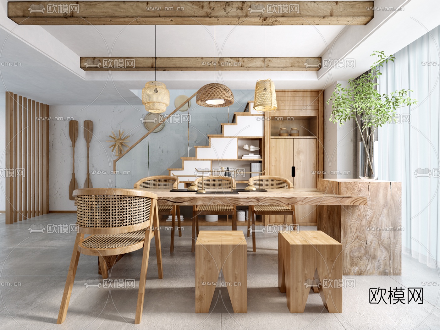 自然风民宿客厅餐厅3d模型