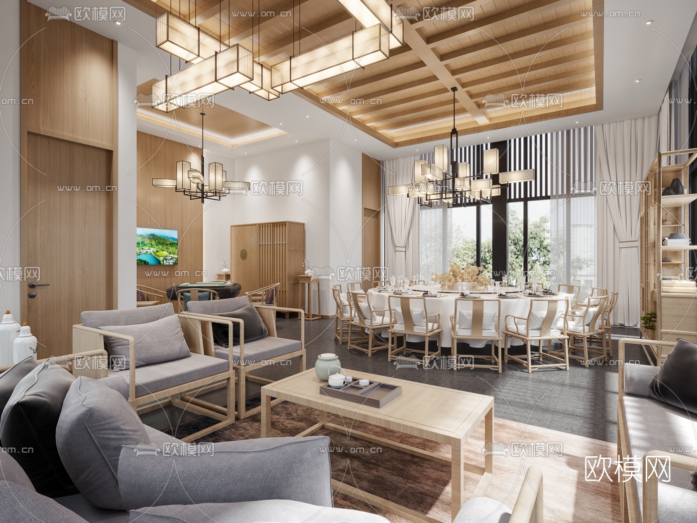新中式轻奢酒店餐厅包房3d模型-免费3dmax模型库-欧模网