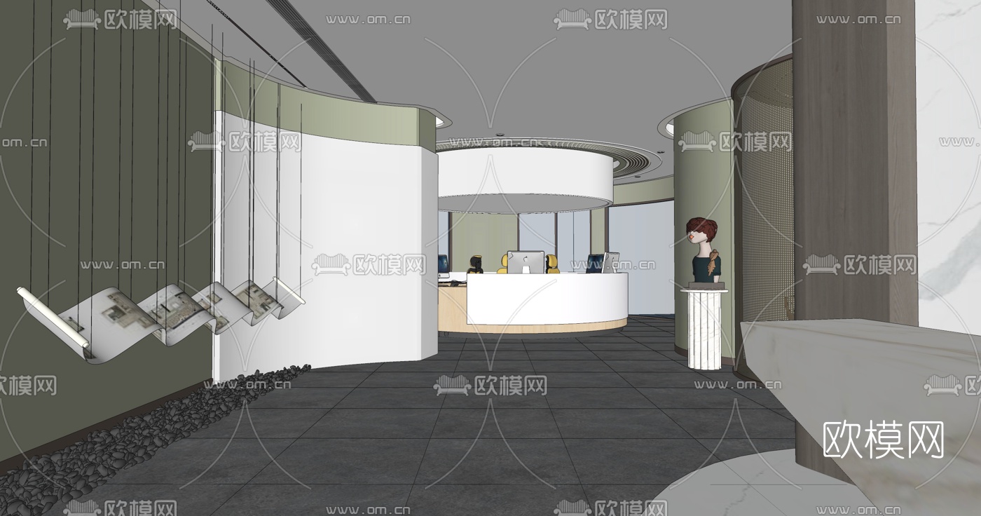 现代办公前台su模型下载（渲染图2）