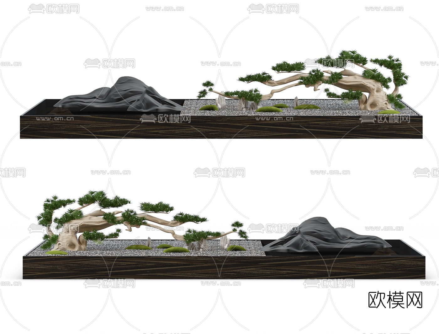 新中式假山松树石头景观3d模型下载