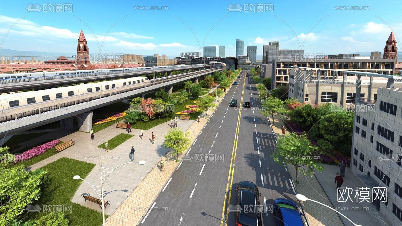 现代有轨电车站台鸟瞰3d模型下载（渲染图1）
