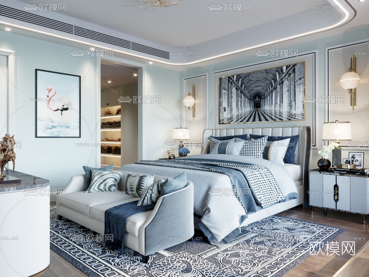 简欧简约主人房卧室3d模型下载（渲染图2）