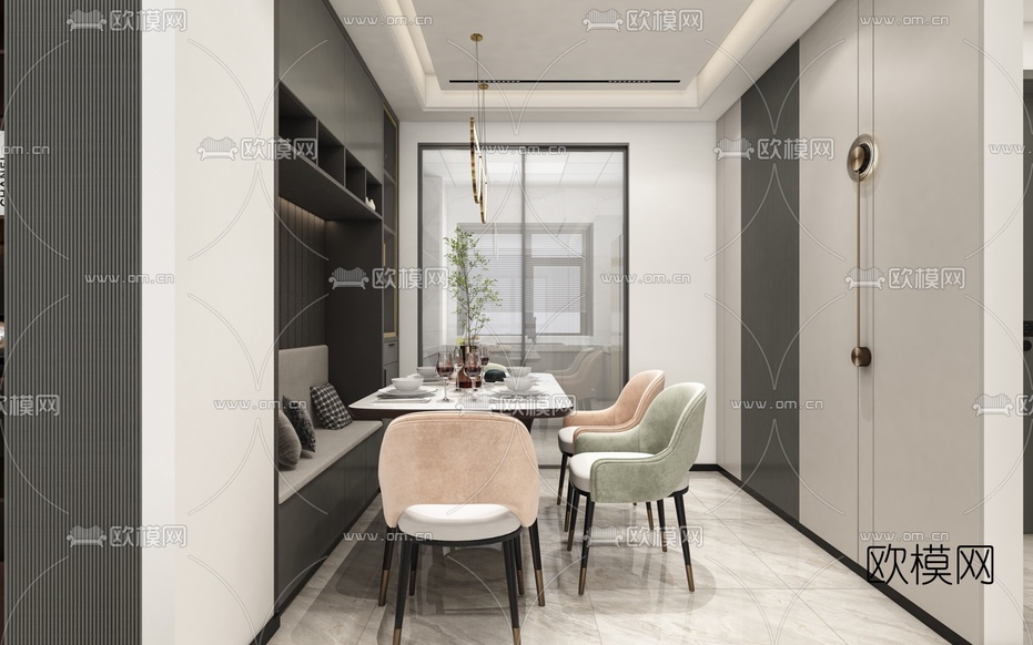 现代客厅餐厅免费3d模型下载(渲染图4)