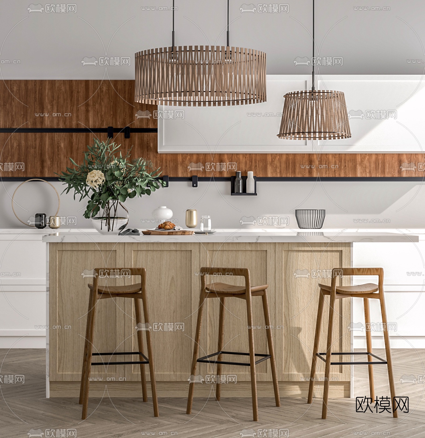 现代厨房吧台su模型下载（渲染图1）