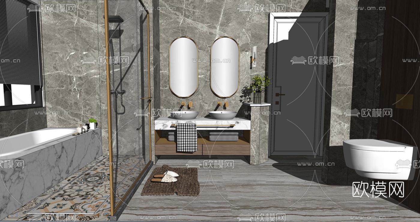 现代轻奢浴室卫生间su模型下载（渲染图2）
