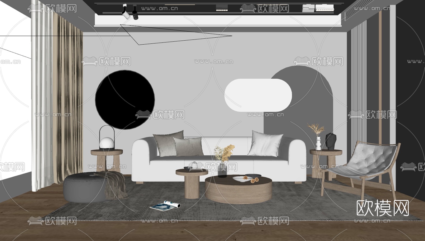 现代布艺沙发组合su模型下载（渲染图1）