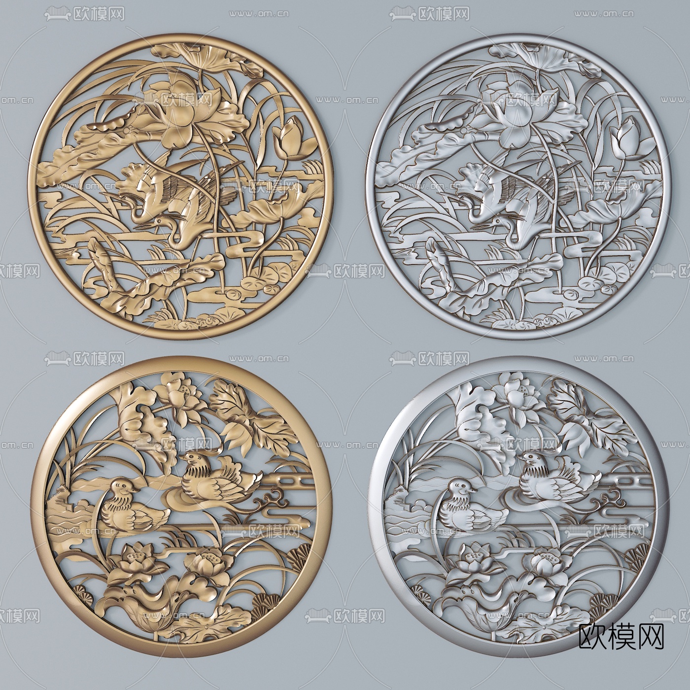 新中式圆形花鸟雕花构件3d模型
