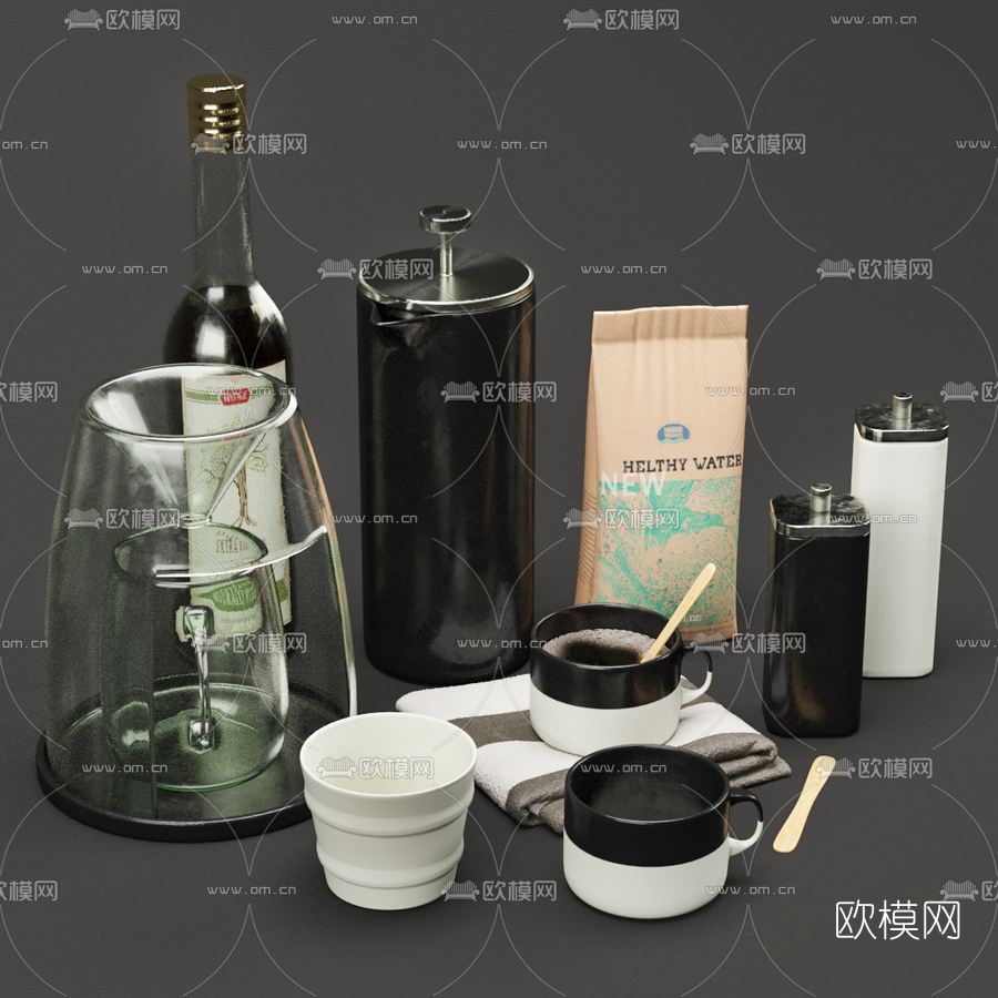 现代茶壶咖啡杯3d模型下载（渲染图2）