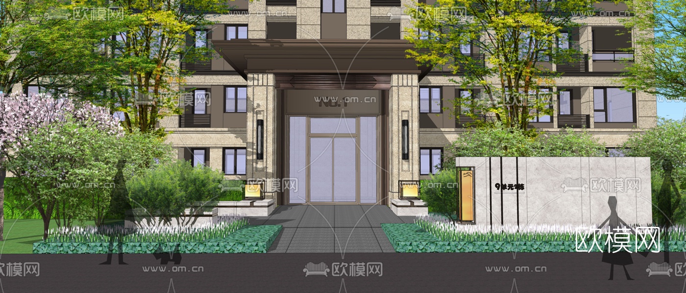 现代住宅小区入户景墙景观su模型