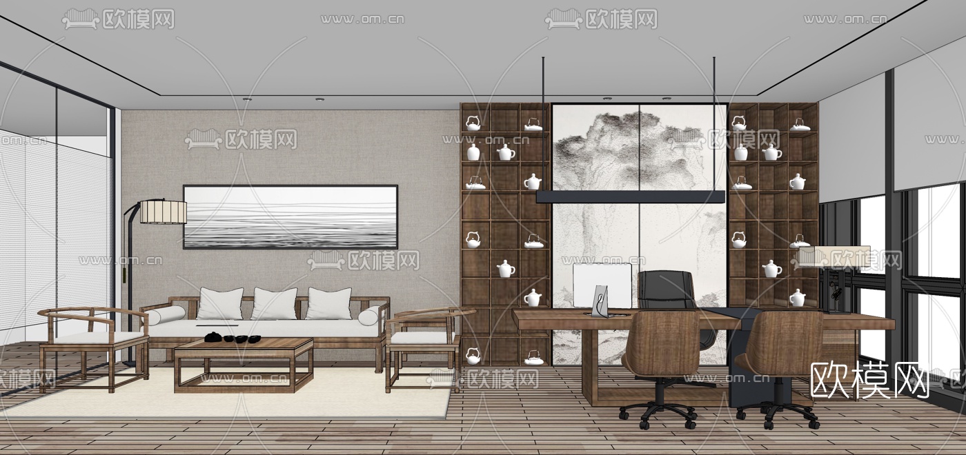 新中式董事长办公室su模型下载（渲染图2）