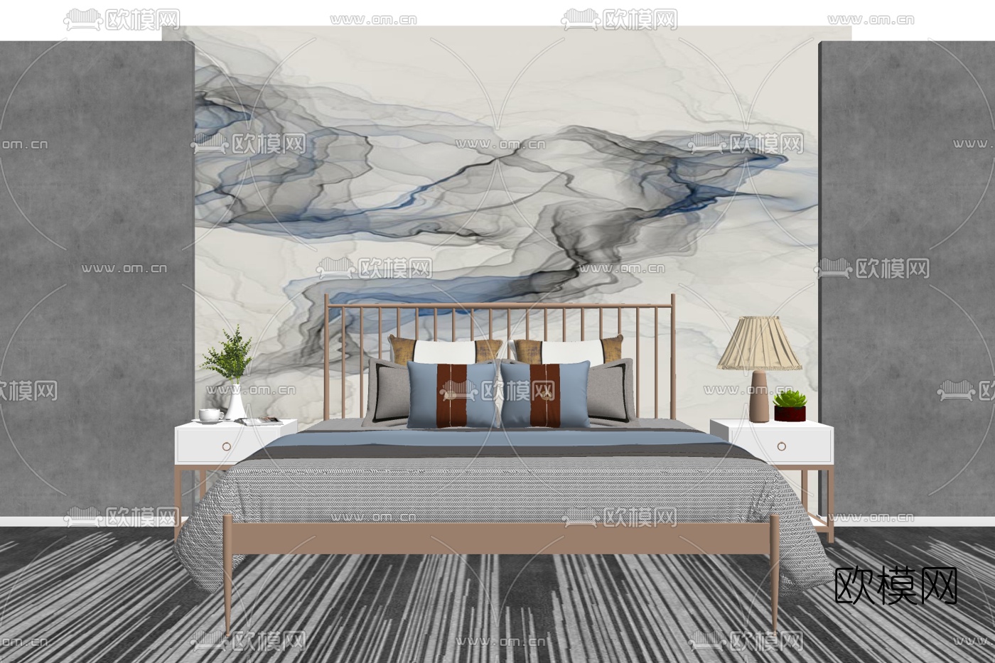 新中式布艺双人床su模型下载