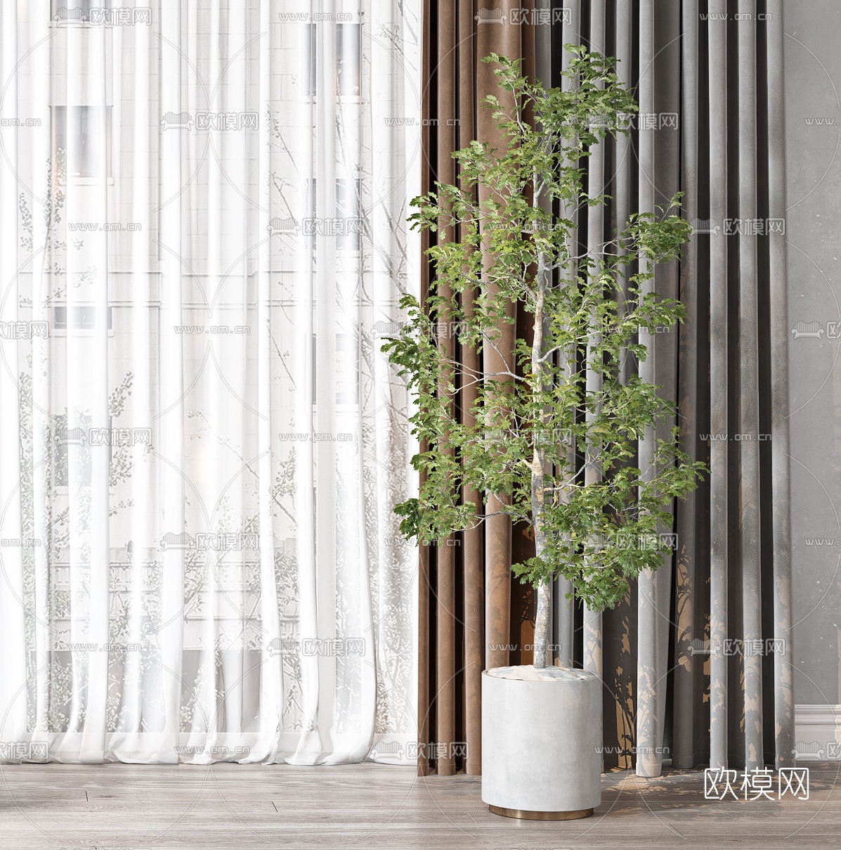 现代布艺窗帘3d模型下载（渲染图3）