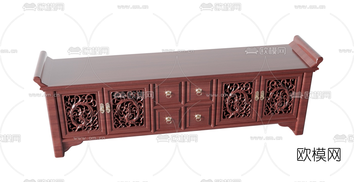 中式红木雕花电视柜3d模型下载（渲染图3）
