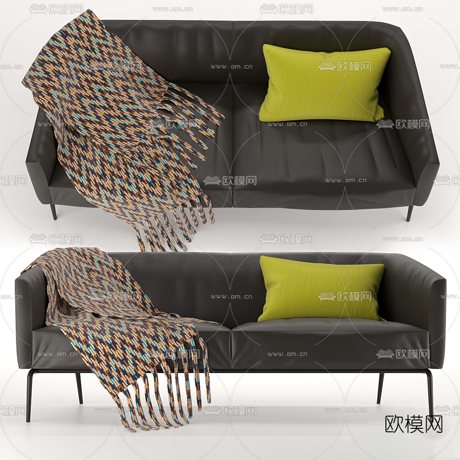 现代布艺皮革双人沙发3d模型下载（渲染图2）