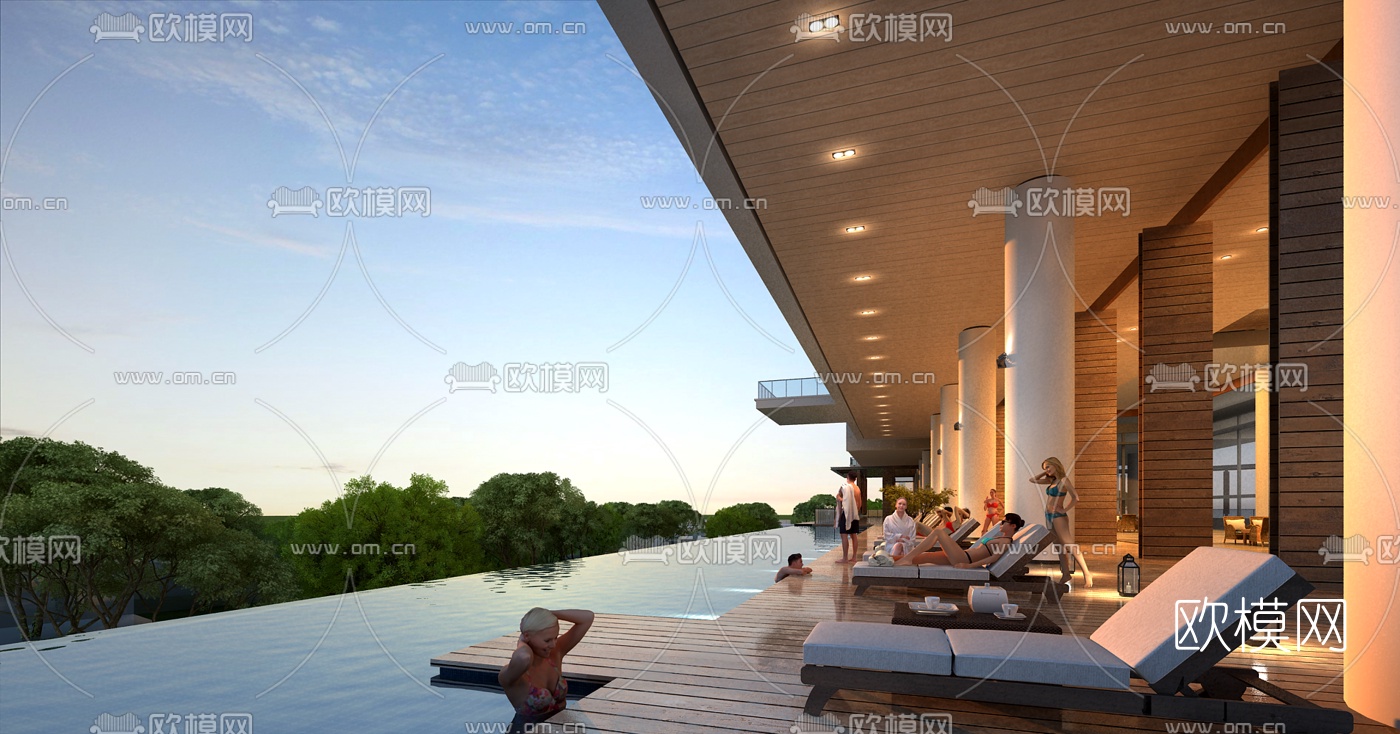 现代度假酒店泳池景观3d模型