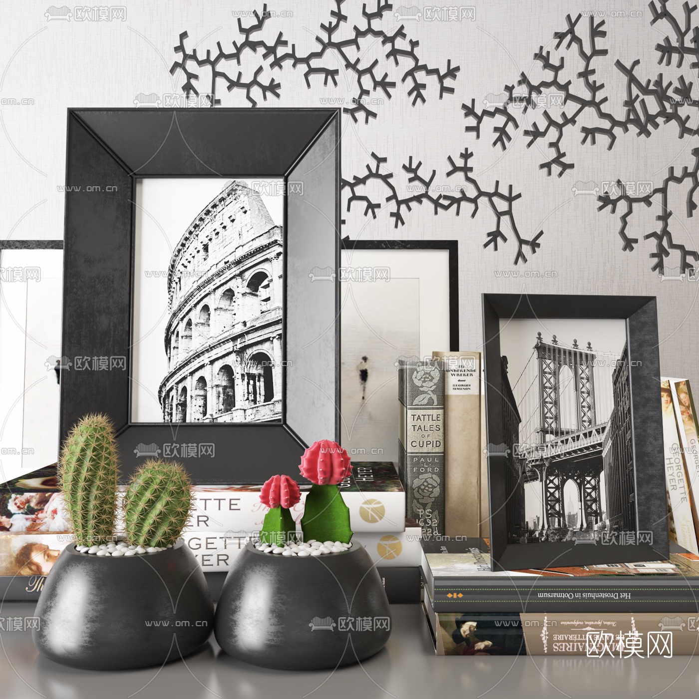 现代仙人球花瓶书籍摆件3d模型下载