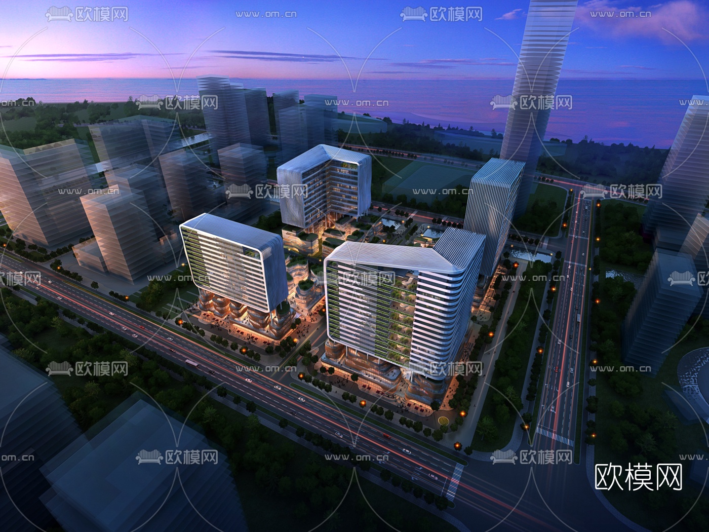 现代办公园区鸟瞰su模型下载（渲染图2）