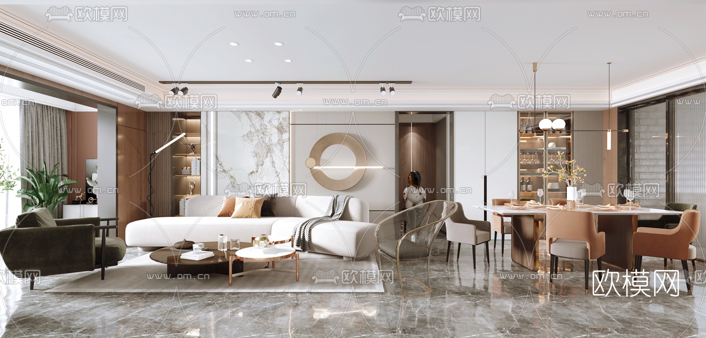 现代轻奢客厅餐厅3d模型-免费3dmax模型库-欧模网