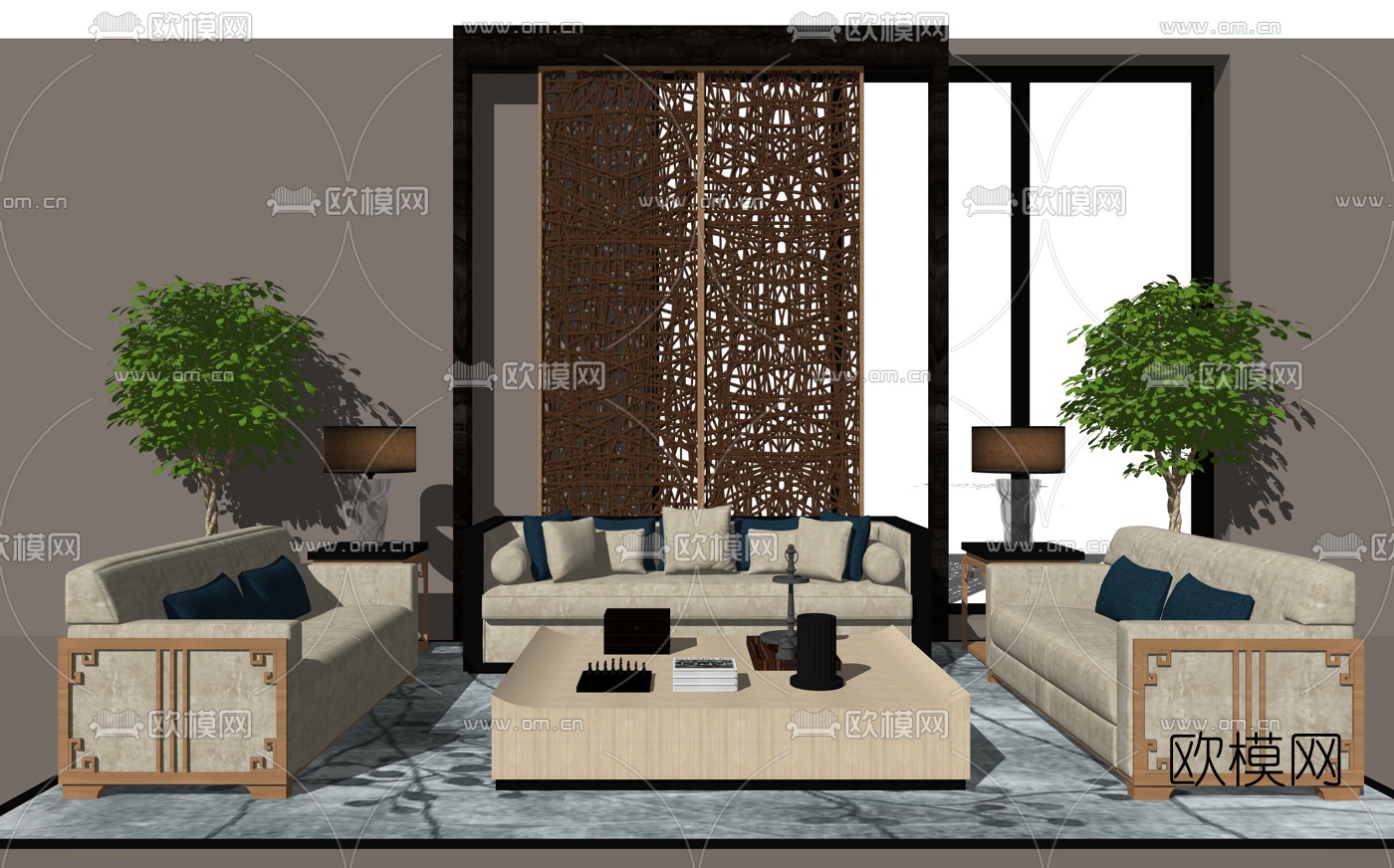 日式布艺沙发组合su模型下载