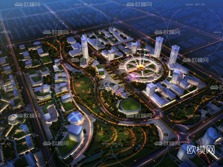 现代城市鸟瞰夜景3d模型下载