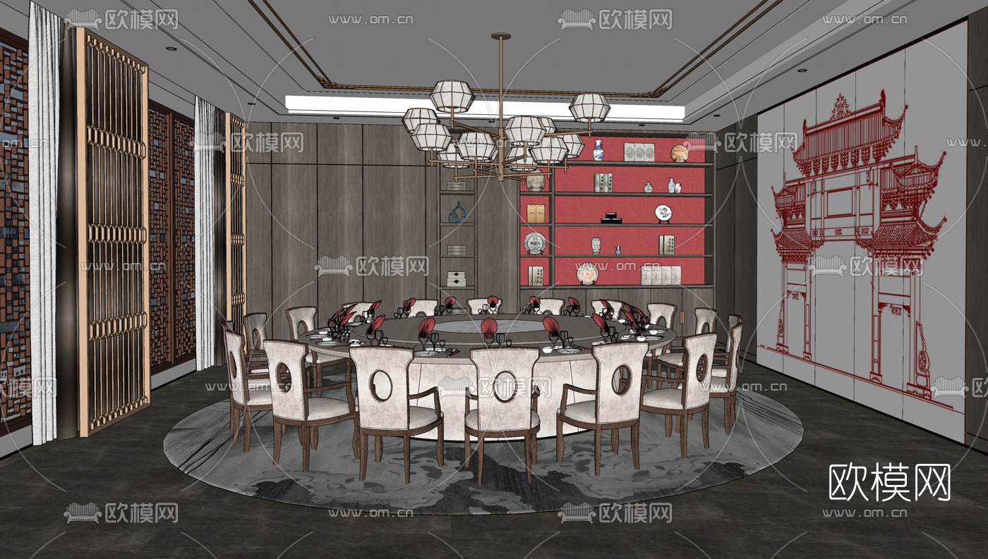 新中式酒店包间su模型下载