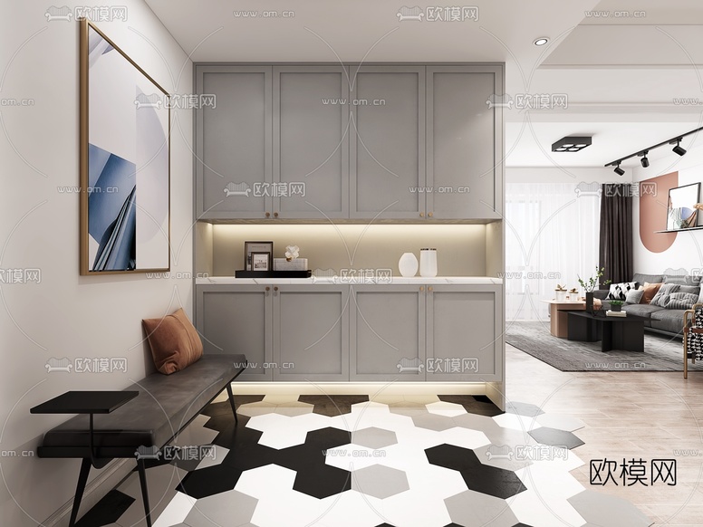 现代轻奢客厅餐厅3d模型下载(渲染图4)