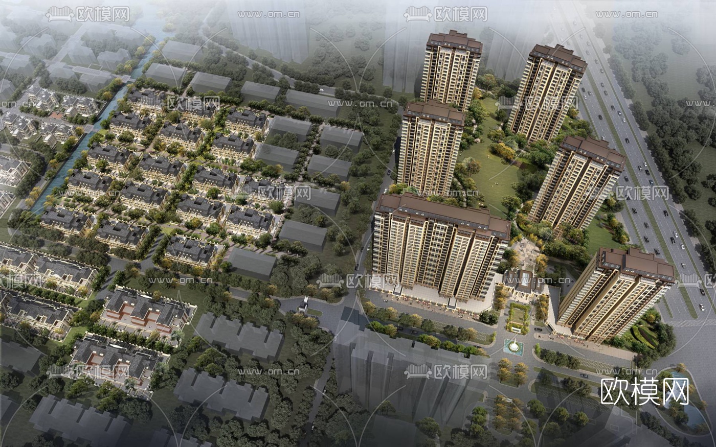 简欧住宅小区鸟瞰3d模型下载（渲染图1）