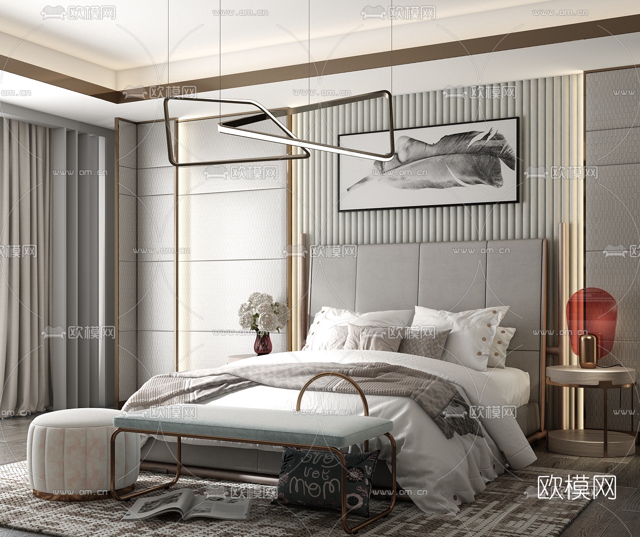 现代轻奢布艺双人床su模型下载（渲染图1）