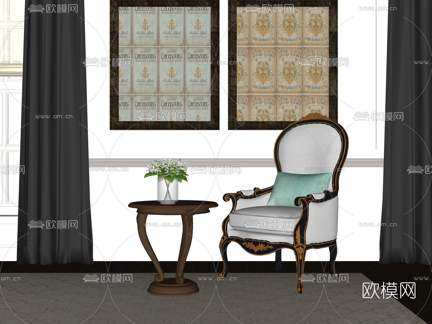 欧式布艺单椅su模型下载