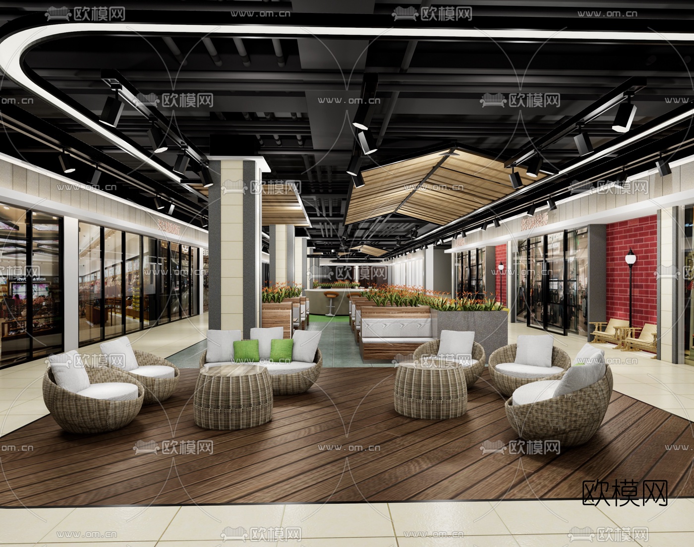 现代美食街就餐区su模型下载