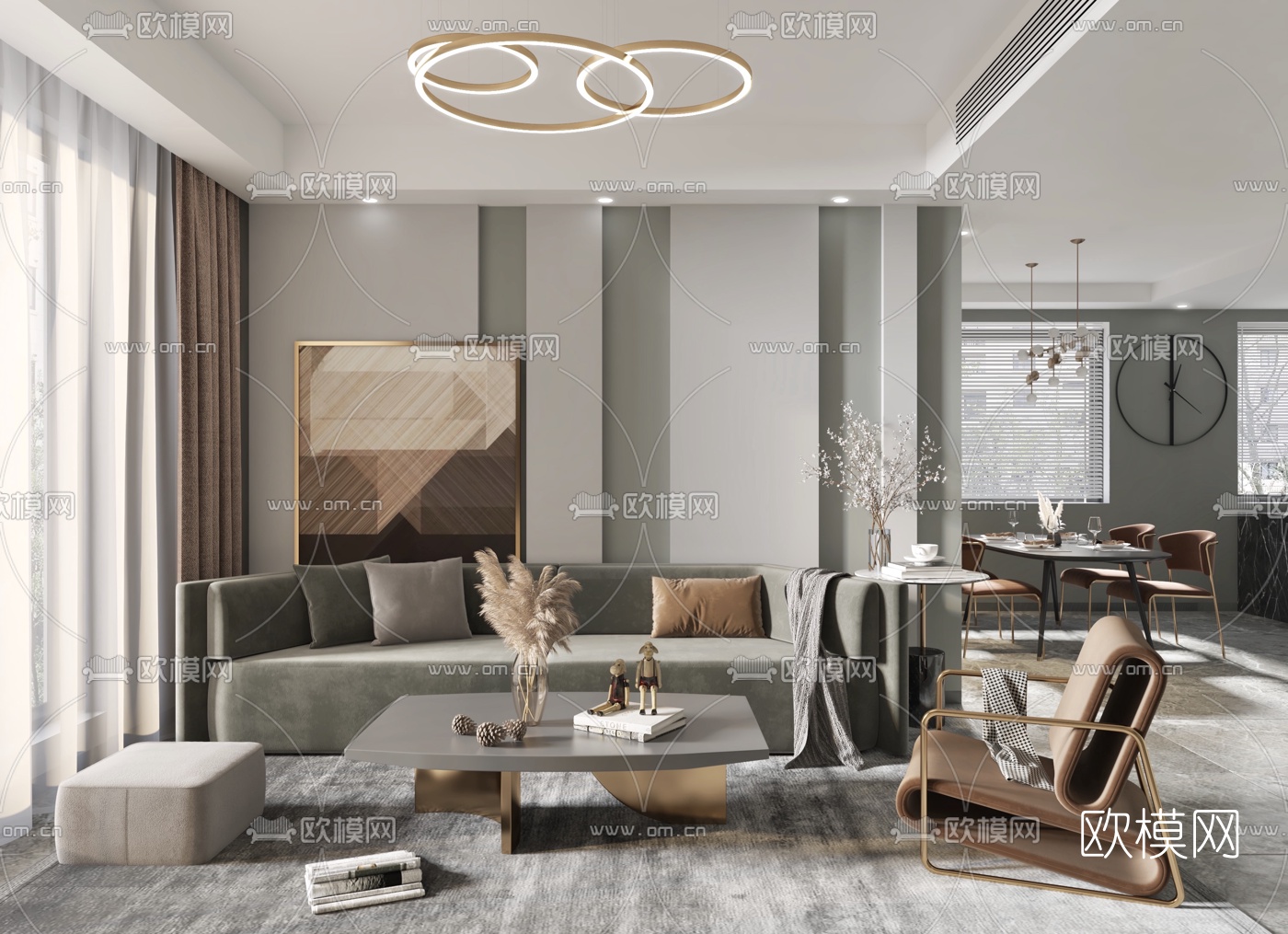北欧简约客厅餐厅3d模型下载（渲染图1）